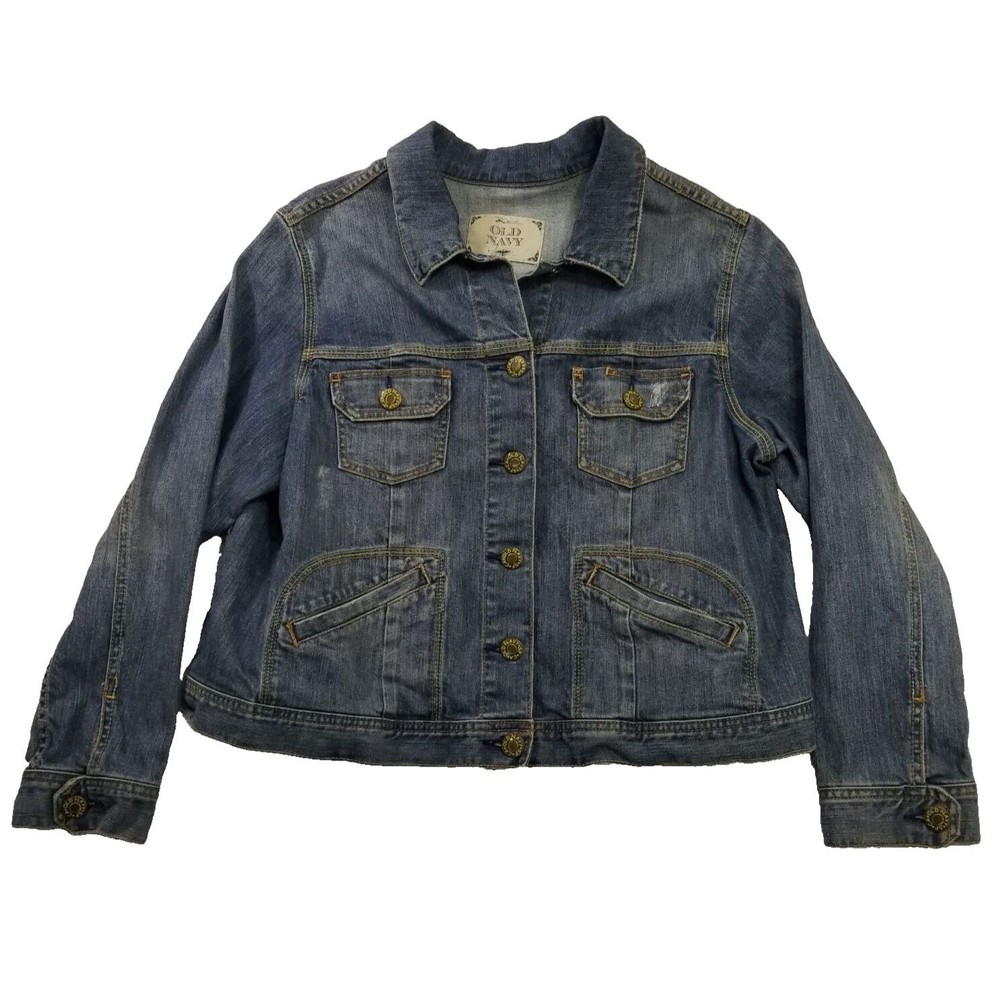 OLD NAVY Women’s Distressed Denim Jean Jacket Size 2XL With Unique Buttons
